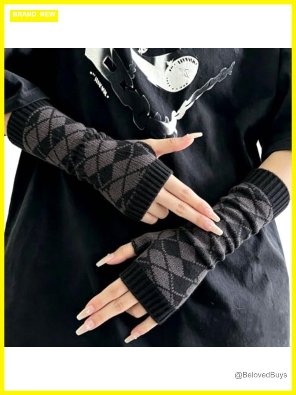 Striped Knit Fingerless Arm Warmers Punk Goth Y2k Thumb Hole Harajuku
